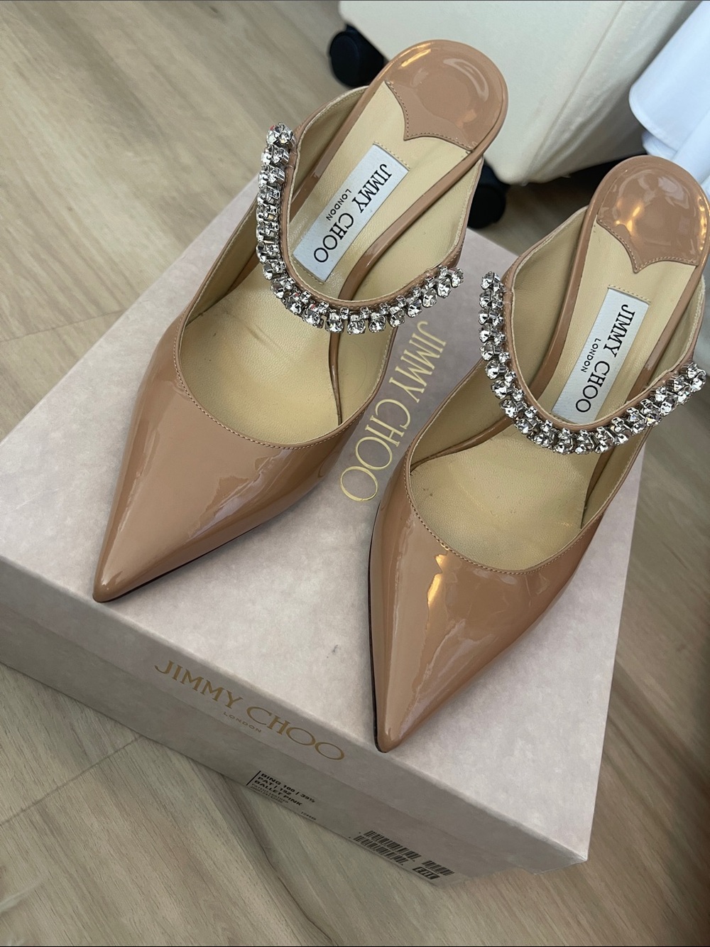 Jimmy Choo Patent Leather Pointed Mules with Crystal Strap in Nude 39.5